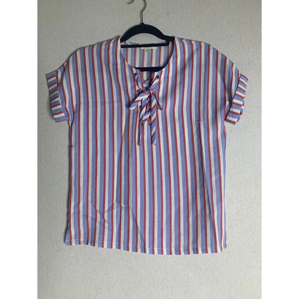 Jade Melody Tam Top Womens XS Red Blue White Striped Lace Up V-Neck Nautical